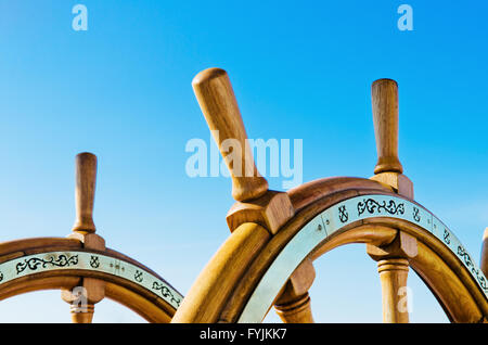 Steering wheel of an old sailing vessel, close up Stock Photo