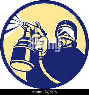 Illustration of a spray painter spraying paint facing front set inside ...