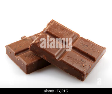 AYTOS, BULGARIA - MAY 05, 2014: Milka milk chocolate with Alpine milk and raisins and hazelnuts. Milka is a traditional brand of Stock Photo