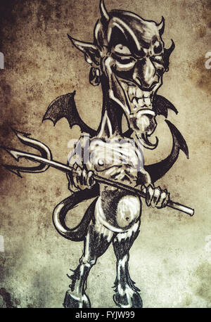 Fun Devil Fun devil cartoon, Tattoo sketch, handmade design over vintage p Stock ...