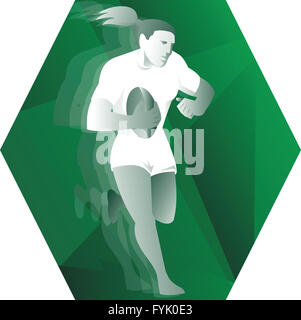 Female Rugby Player Running Ball Retro Stock Photo