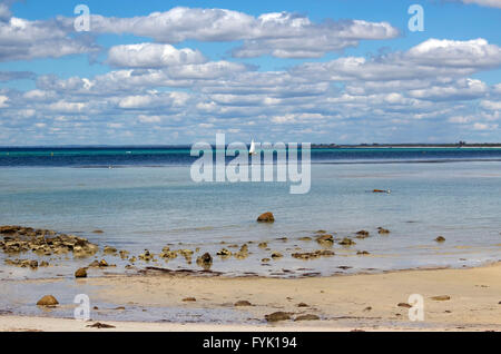 Scenic views near the iconic1.8 kilometre long Busselton jetty Western Australia on a sunny late spring afternoon with the clear calm waters. Stock Photo