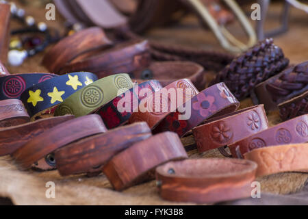 Store handmade  leather belts, spanish medieval fair Stock Photo