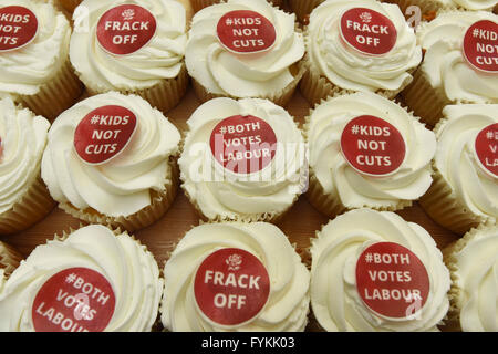 Edinburgh, Scotland, United Kingdom, 27, April, 2016. Scottish Labour campaign slogans on cupcakes at the launch of the party's manifesto for the Scottish Parliament elections, Credit:  Ken Jack / Alamy Live News Stock Photo