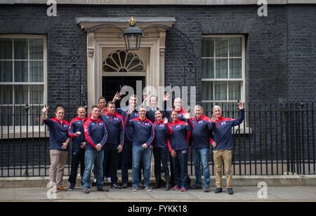 10 Downing Street, London, UK. 27th April 2016. PM David Cameron meets members of the UK team attending the Invictus Games between 8-12 May in Orlando, USA at the ESPN Wide World of Sports Complex. The Invictus Games are a multi-sport event open to all wounded, injured and sick serving personnel and veterans. Inaugural Invictus Games were held in London in 2014 and this year will feature over 500 military athletes from 15 countries competing in 10 events. Credit:  Malcolm Park editorial/Alamy Live News Stock Photo