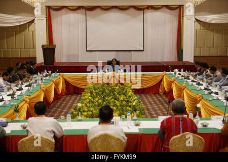 (160427) -- NAY PYI TAW, April 27, 2016 (Xinhua) -- Participants of Myanmar's Joint Monitoring Committee (JMC) for Ceasefire attend the JMC meeting in Nay Pyi Taw, Myanmar, April 27, 2016. Participants of Myanmar's Joint Monitoring Committee (JMC) for Ceasefire Wednesday proposed to rename the Myanmar Peace Center, which has been working for the country's peace process, to National Reconciliation and Peace Center (NRPC). The participants also proposed to appoint Tin Myo Win, personal doctor of State Counselor Aung San Suu Kyi, as the new peace mediator. (Xinhua/U Aung) (djj) Stock Photo