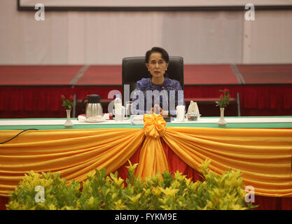 (160427) -- NAY PYI TAW, April 27, 2016 (Xinhua) -- Myanmar State Counselor Aung San Suu Kyi speaks at a meeting of the Joint Monitoring Committee (JMC) for Ceasefire in Nay Pyi Taw, Myanmar, April 27, 2016. Participants of Myanmar's Joint Monitoring Committee (JMC) for Ceasefire Wednesday proposed to rename the Myanmar Peace Center, which has been working for the country's peace process, to National Reconciliation and Peace Center (NRPC) . The participants also proposed to appoint Tin Myo Win, personal doctor of State Counselor Aung San Suu Kyi, as the new peace mediator. (Xinhua/U Aung) (djj Stock Photo