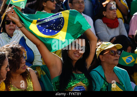 Athens, Greece. 27th Apr, 2016. Brazilians residents of Athens attend the handover ceremony for the Olympic Flame at Panathinean stadium. The flame arrives in Brazil on May 3, and will be relayed across the vast country by about 12,000 torchbearers before the Aug. 5 opening ceremony in Rio de Janeiro's Maracana Stadium Credit:  Aristidis Vafeiadakis/ZUMA Wire/Alamy Live News