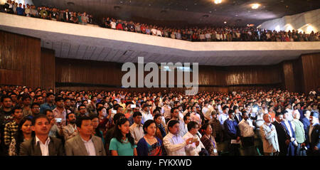 Kathmandu, Nepal. 27th Apr, 2016. Newly appointed engineers for the reconstruction campaign and other participants attend the closing ceremony of "Basic Training for Engineers on Housing Reconstruction" in Kathmandu, Nepal, April 27, 2016. Nepal is set to mobilize over 1,300 engineers in the worst-hit districts this week as part of the post-quake reconstruction campaign, Nepalese Prime Minister K.P. Sharma Oli said on Wednesday. © Sunil Sharma/Xinhua/Alamy Live News Stock Photo