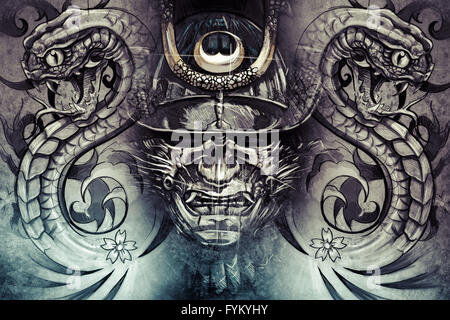 Japanese mask and snakes. Tattoo design over grey background. textured backdrop. Artistic image Stock Photo