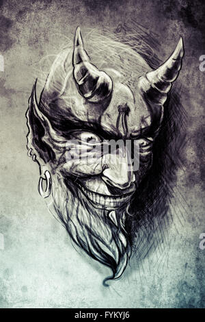 tattoo devil, illustration, handmade draw over vintage paper Stock Photo