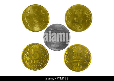 Indian 5 Rupees coins with Different designs Stock Photo