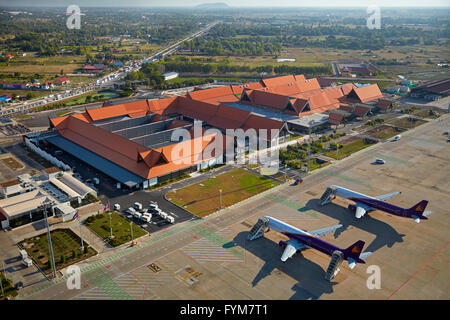 Cambodia Angkor Air planes at Siem Reap International Airport, Siem Reap, Cambodia - aerial Stock Photo