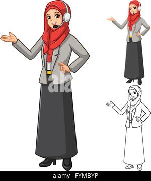 Muslim Businesswoman Operator Wearing Red Veil or Scarf with Welcoming Hands and Head Phone Cartoon Character Vector Illustratio Stock Vector