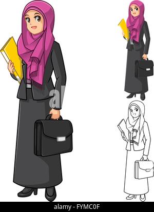 Muslim Businesswoman Wearing Fuchsia Veil or Scarf with Holding Briefcase Cartoon Character Vector Illustration Stock Vector