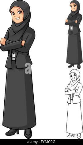 Muslim Businesswoman Wearing Black Veil or Scarf with Folded Hands Cartoon Character Vector Illustration Stock Vector