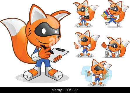 Set of Robot Fox Assistant Cartoon Character Vector Illustration Stock Vector