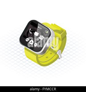 Isometric Modern Smart Watch with Yellow Wrist Band Vector Illustration Stock Vector