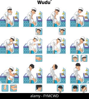 Muslim Ablution or Purification Ritual Guide Step by Step Using Water Perform by Boy Vector Illustration Stock Vector