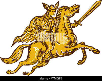 Valkyrie Warrior Riding Horse Sword Etching Stock Photo