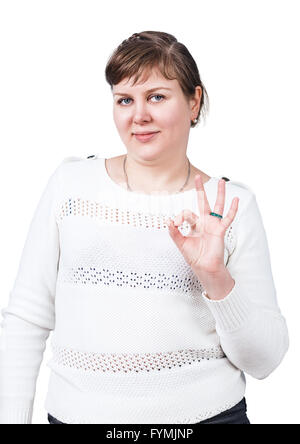 Woman with overweight shows OK sign Stock Photo