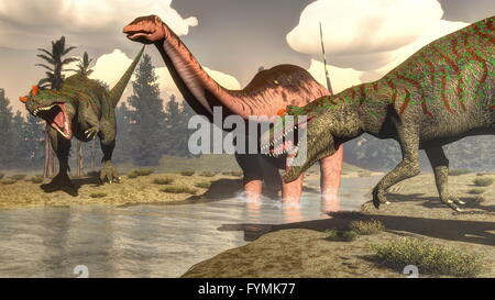 Allosaurus hunting big brontosaurus dinosaur - 3D render Stock Photo