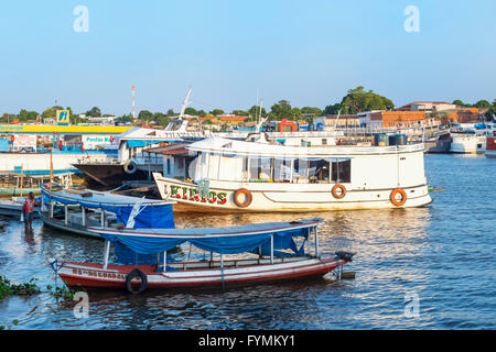 Traditional wood boats in the Parintins harbour, Parintins, Amazona state, Brazil Stock Photo