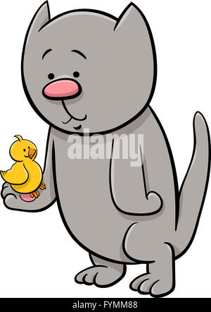 cat with canary cartoon illustration Stock Photo