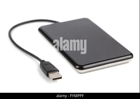 Black external hard disk with cable Stock Photo