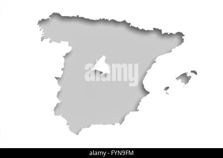 3d rendering of contour of Spanish map and its capital - Madrid on white background.Isolated. Stock Photo