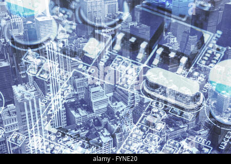 Collage - blending of two images: Aerial view of Midtown Manhattan (New York City)  and closeup view of computer motherboard. Stock Photo