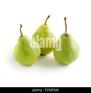High Angle View of Three Ripe Pears with Green Skin and Long Stems on White Background with Copy Space in Square Image Format Stock Photo