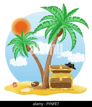 chest of gold standing under a palm tree vector illustration isolated on white background Stock Vector