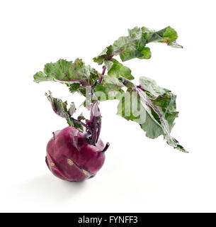 Whole uncooked fresh red kohlrabi with attached leaves viewed high angle on a white background with soft shadow and copyspace Stock Photo