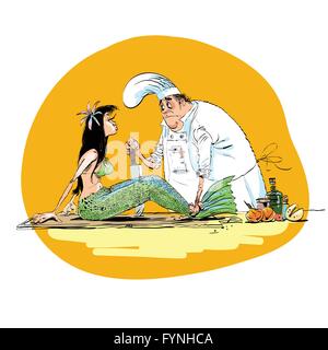 Mermaid in the fish kitchen restaurant Stock Vector