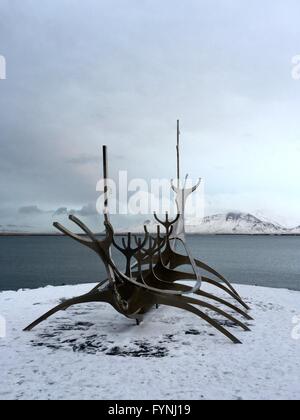 Viking ship sculpture in Reykjavik, Iceland, overlooking the sea Stock Photo