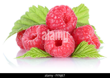 Raspberry raspberries berry berries fruit with leaves isolated on a white background Stock Photo