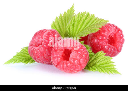 Raspberry fresh raspberries berry berries fruit with leaves isolated on a white background Stock Photo