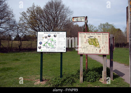 Sign posts with maps of the area in nature reserve Bentley Priory Stock Photo