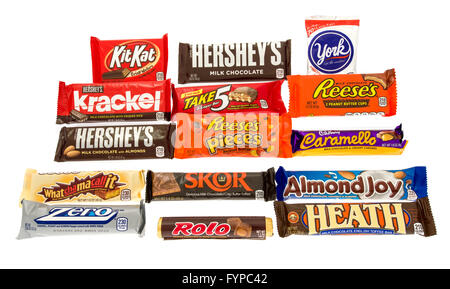 Winneconne, WI -27 Oct 2015: Most popular candy bars made by the Hershey company. Stock Photo