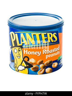 Winneconne, WI - 5 February 2015: Can of Planters Honey Roasted Peanuts. Stock Photo