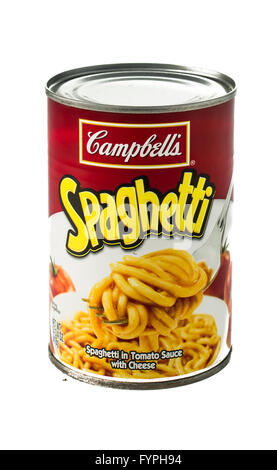 Winneconne, WI - 5 February 2015:  Can of Campbell's Spaghetti in tomato sauce with cheese. Stock Photo