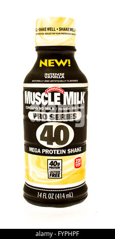 Winneconne, WI - 29 August 2015: Bottle of Muslce milk pro series mega protein shake Stock Photo