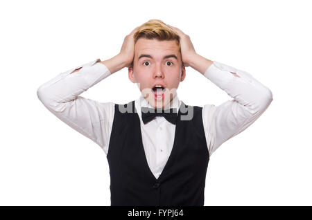 The young man in black classic vest isolated on white Stock Photo