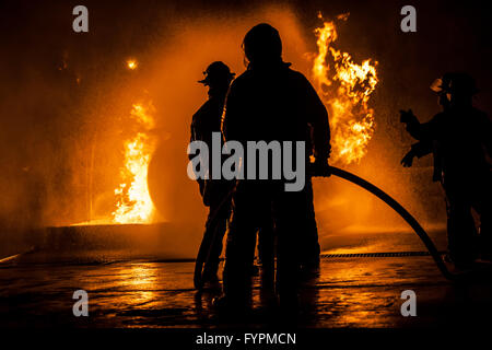 Firefighters standing in a line fighting a fire