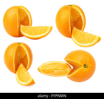 Fresh orange cut in slices isolated over the white background, set of different foreshortenings Stock Photo