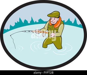 Fly Fisherman Casting Fly Rod Oval Cartoon Stock Photo