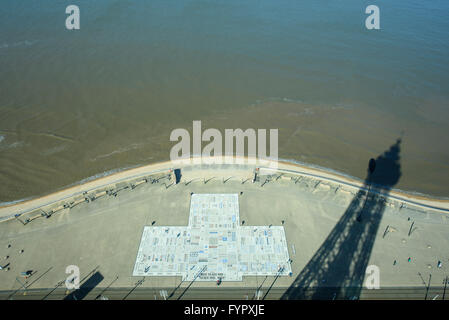 View from the top of Blackpool Tower looking down onto the Comedy Carpet, the promenade and beach Stock Photo