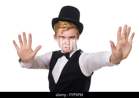 The young man in black classic vest and hat isolated on white Stock Photo