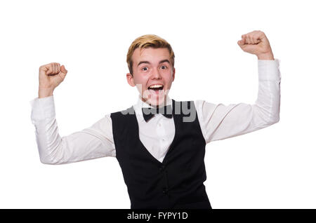 The young man in black classic vest isolated on white Stock Photo